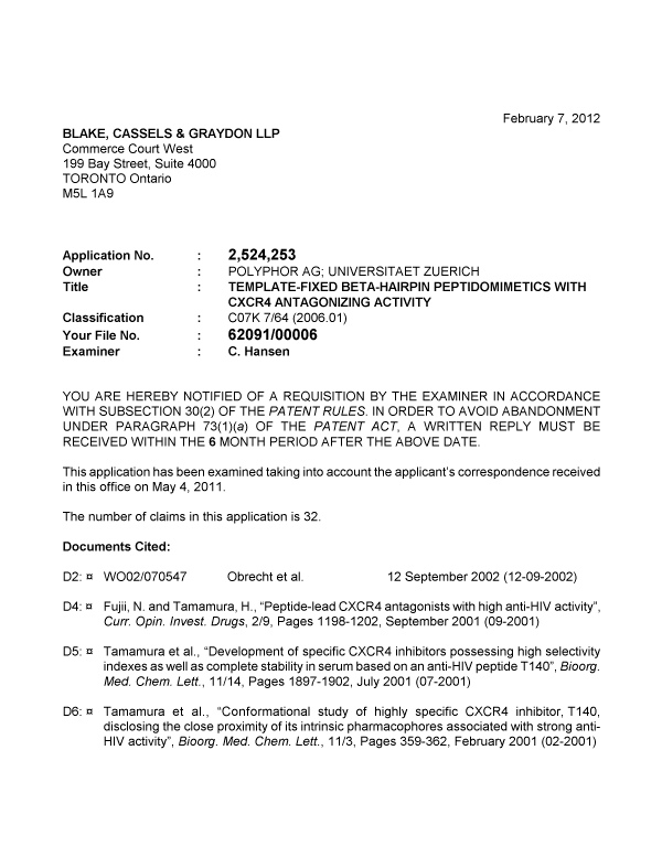 Canadian Patent Document 2524253. Prosecution-Amendment 20120207. Image 1 of 3