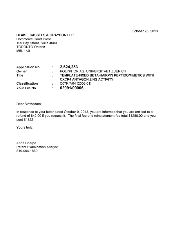 Canadian Patent Document 2524253. Correspondence 20131025. Image 1 of 1