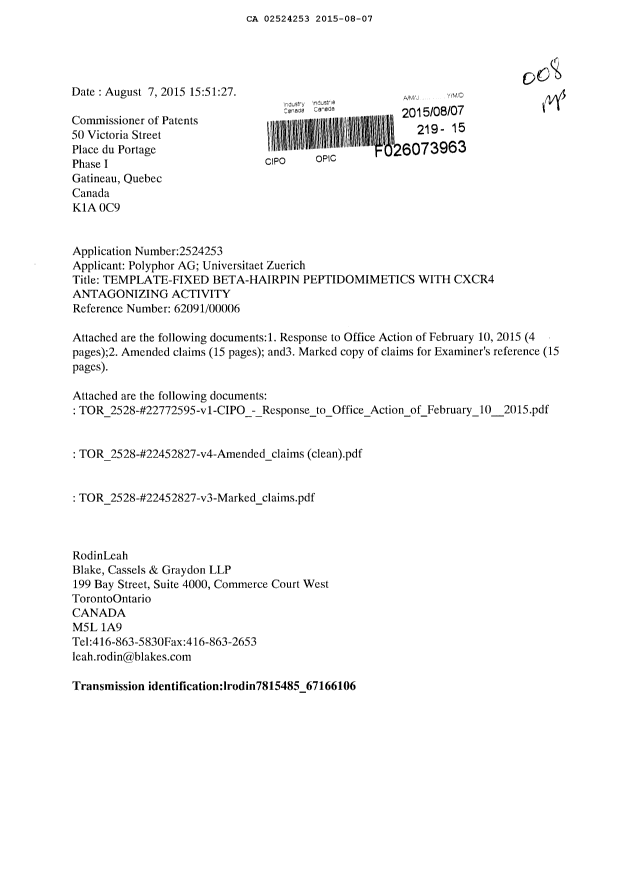 Canadian Patent Document 2524253. Amendment 20150807. Image 1 of 35