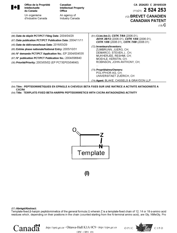 Canadian Patent Document 2524253. Cover Page 20160211. Image 1 of 2