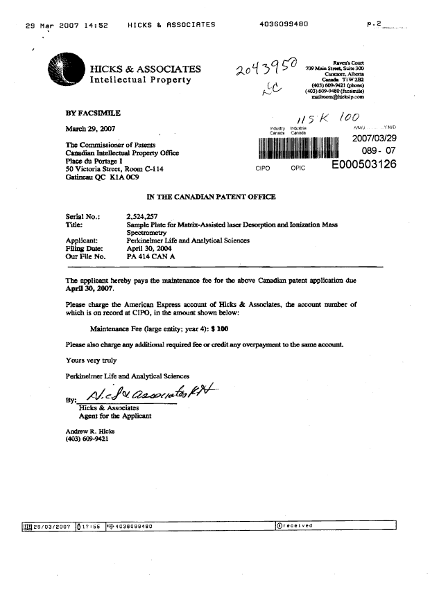 Canadian Patent Document 2524257. Fees 20070329. Image 1 of 2