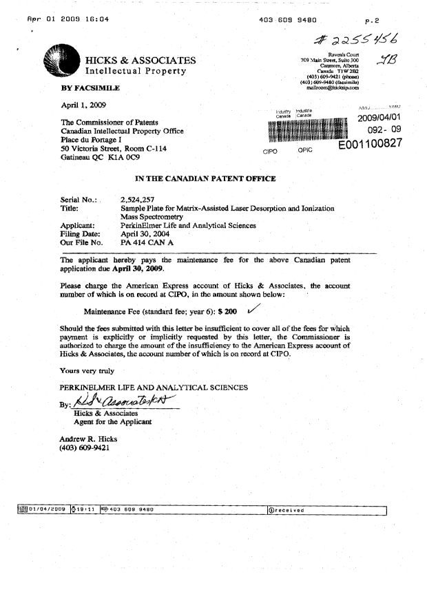 Canadian Patent Document 2524257. Fees 20090401. Image 1 of 2