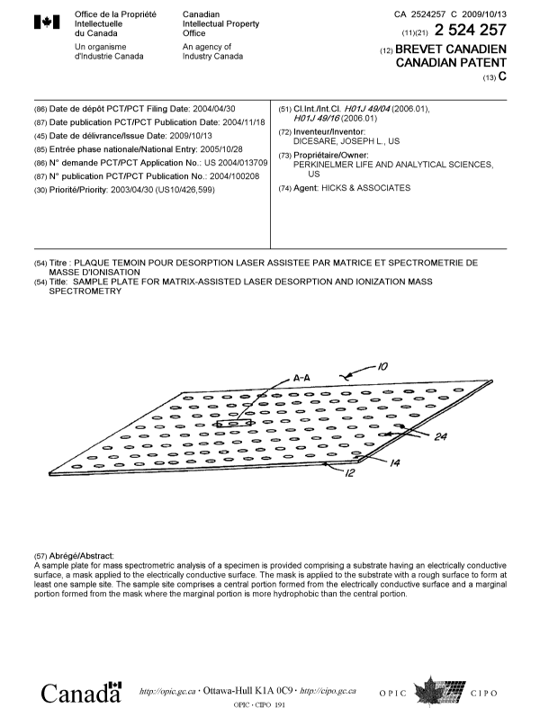 Canadian Patent Document 2524257. Cover Page 20090917. Image 1 of 1