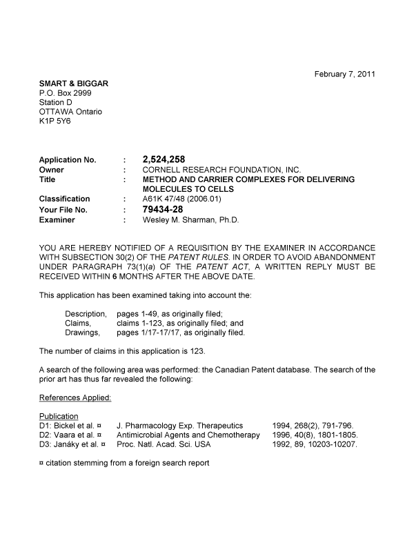 Canadian Patent Document 2524258. Prosecution-Amendment 20110207. Image 1 of 5