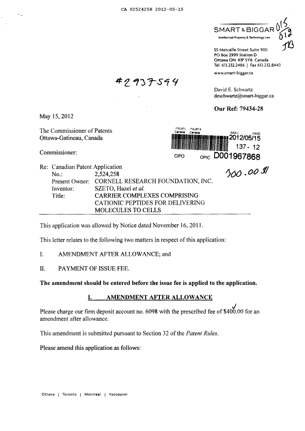 Canadian Patent Document 2524258. Correspondence 20120515. Image 1 of 3