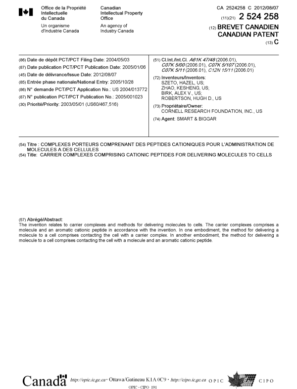 Canadian Patent Document 2524258. Cover Page 20120712. Image 1 of 1