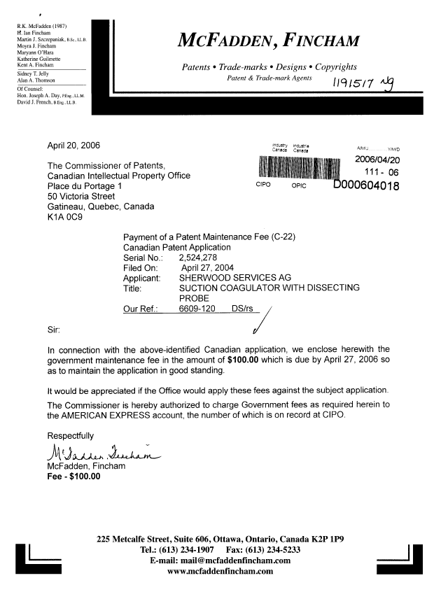 Document de brevet canadien 2524278. Taxes 20060420. Image 1 de 1