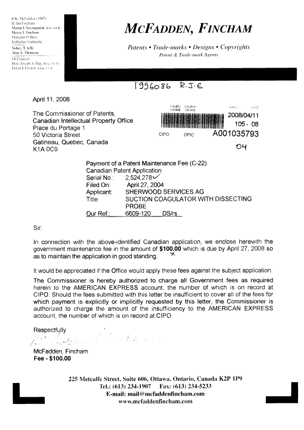 Document de brevet canadien 2524278. Taxes 20080411. Image 1 de 1