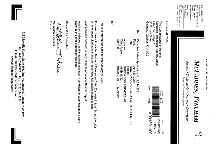 Canadian Patent Document 2524278. Prosecution-Amendment 20091028. Image 1 of 1