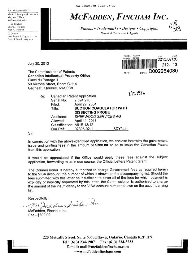 Document de brevet canadien 2524278. Correspondance 20130730. Image 1 de 1