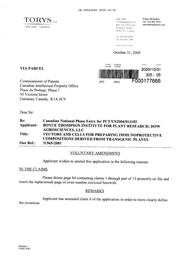 Canadian Patent Document 2524293. Prosecution-Amendment 20051031. Image 1 of 3