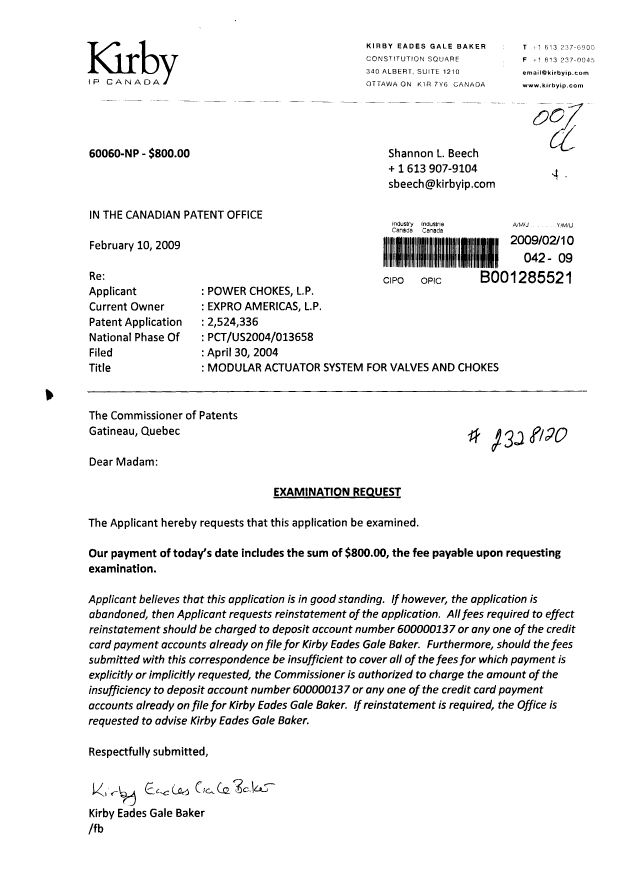 Canadian Patent Document 2524336. Prosecution-Amendment 20090210. Image 1 of 1