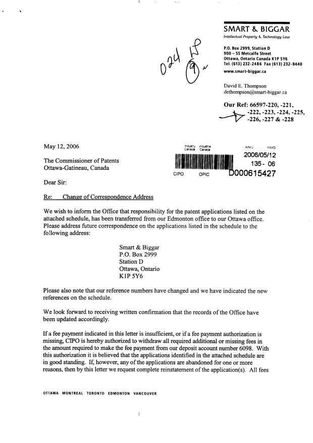 Canadian Patent Document 2524350. Correspondence 20060512. Image 1 of 3