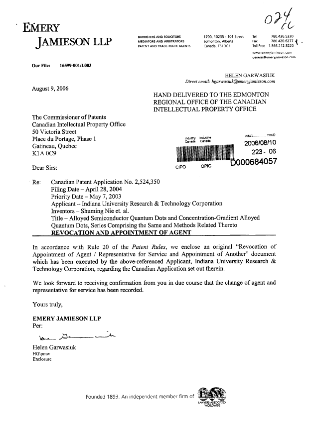 Canadian Patent Document 2524350. Correspondence 20060810. Image 1 of 3