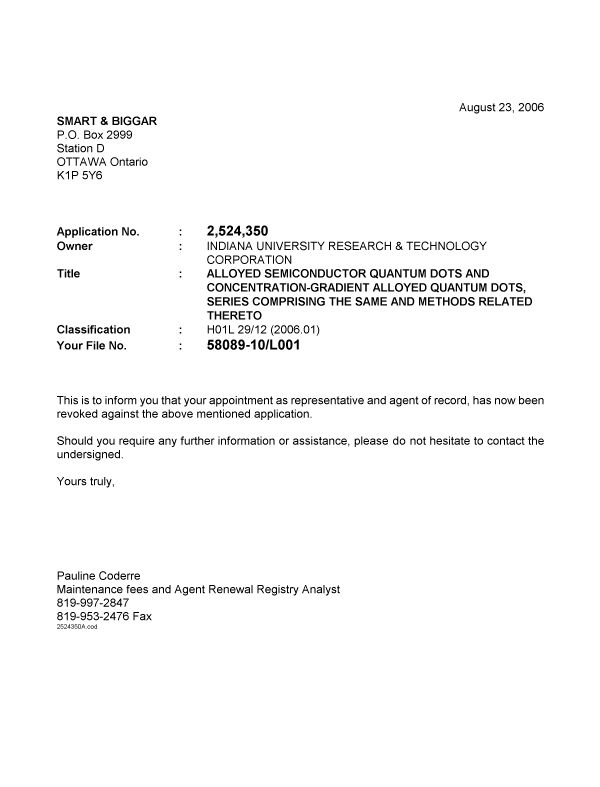 Canadian Patent Document 2524350. Correspondence 20060823. Image 1 of 1