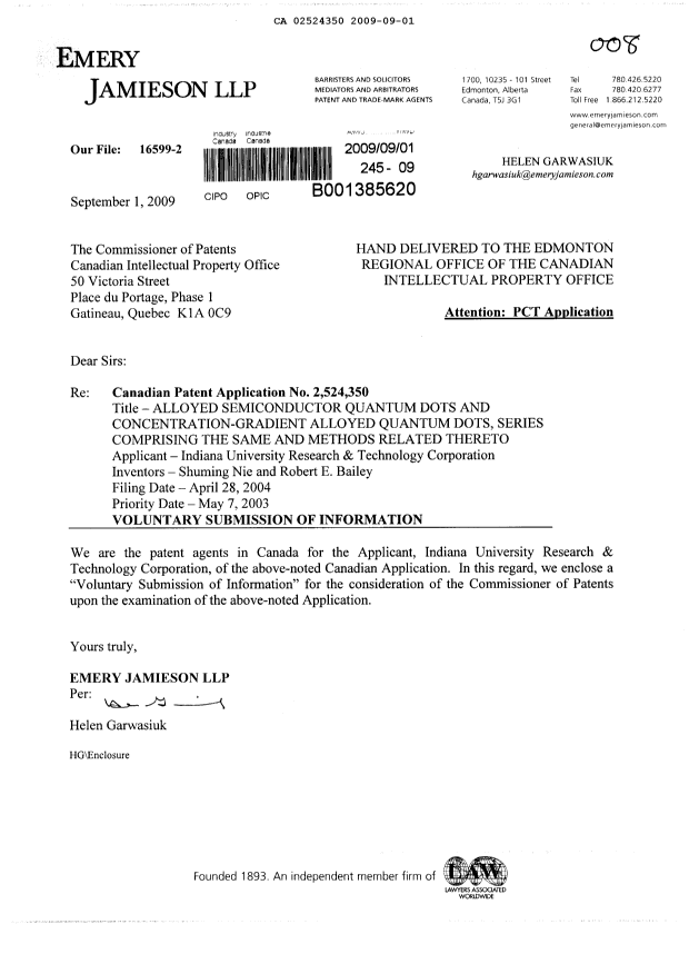 Canadian Patent Document 2524350. Prosecution-Amendment 20090901. Image 1 of 3