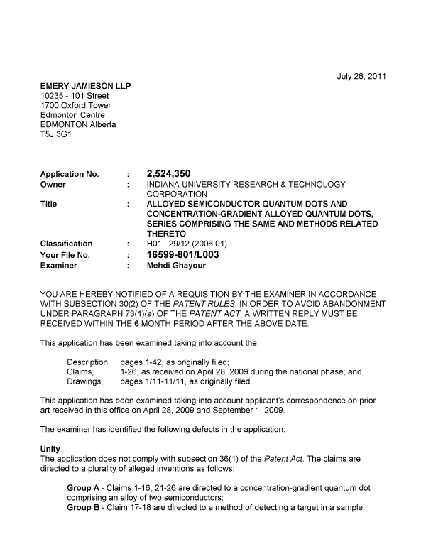 Canadian Patent Document 2524350. Prosecution-Amendment 20110726. Image 1 of 2
