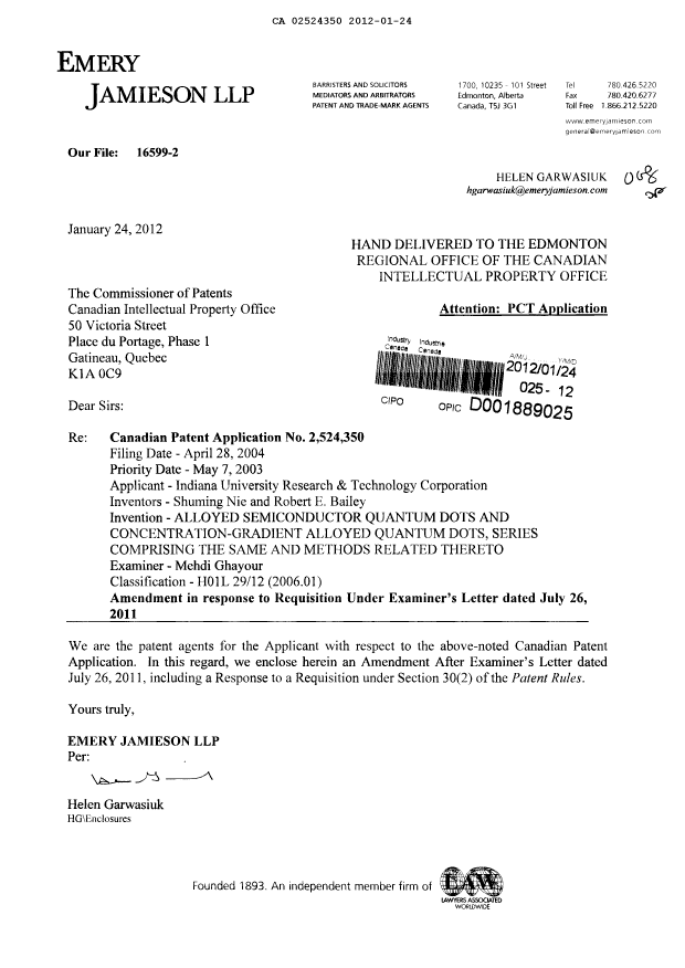 Canadian Patent Document 2524350. Prosecution-Amendment 20120124. Image 1 of 12