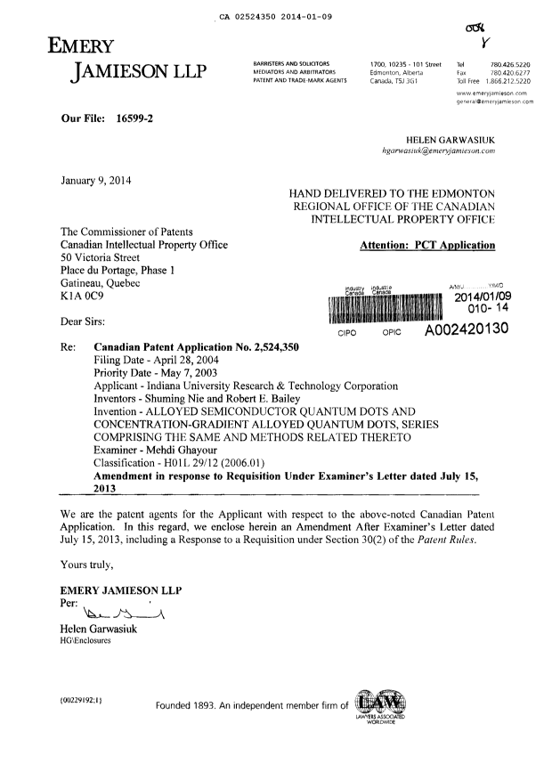 Canadian Patent Document 2524350. Prosecution-Amendment 20140109. Image 1 of 18