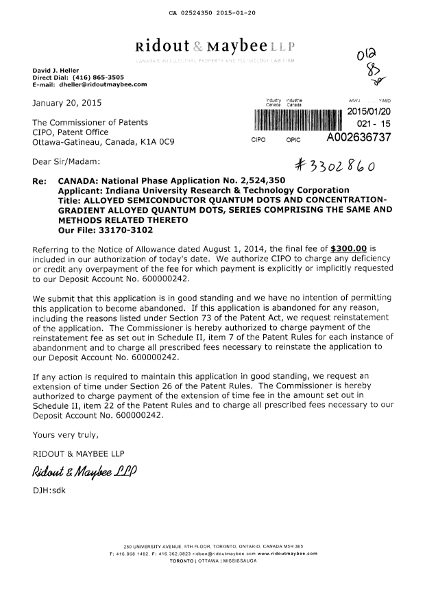 Canadian Patent Document 2524350. Correspondence 20150120. Image 1 of 1