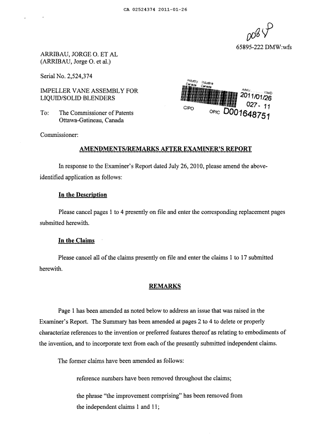 Canadian Patent Document 2524374. Prosecution-Amendment 20110126. Image 1 of 11