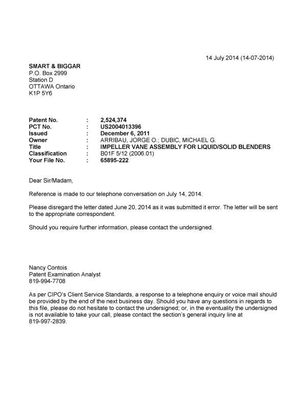 Canadian Patent Document 2524374. Correspondence 20140714. Image 1 of 1