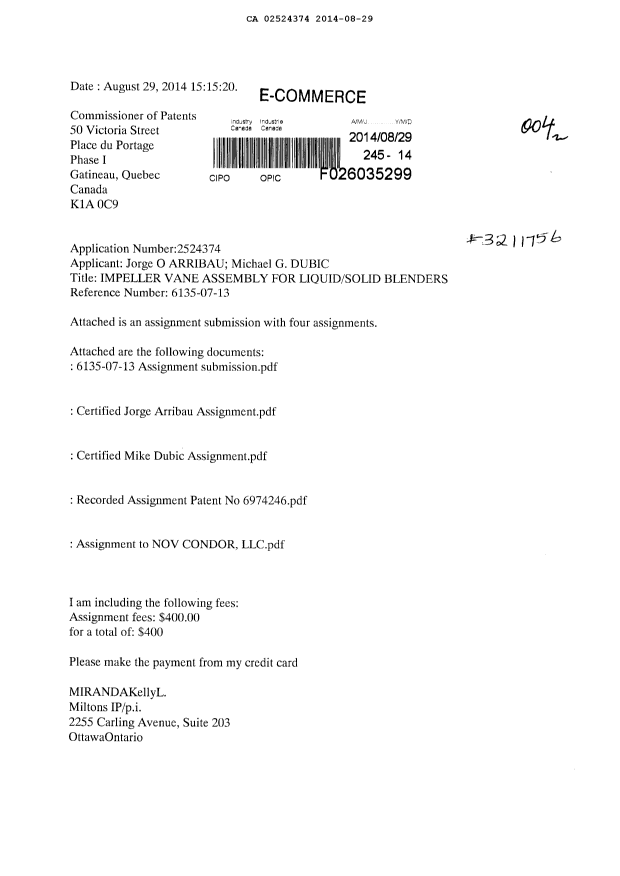 Canadian Patent Document 2524374. Assignment 20140829. Image 1 of 28