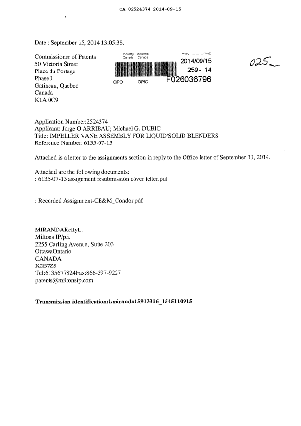 Canadian Patent Document 2524374. Assignment 20140915. Image 1 of 7
