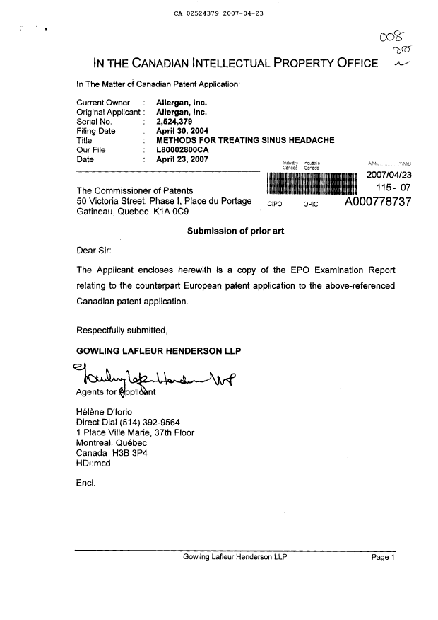 Canadian Patent Document 2524379. Prosecution-Amendment 20070423. Image 1 of 1