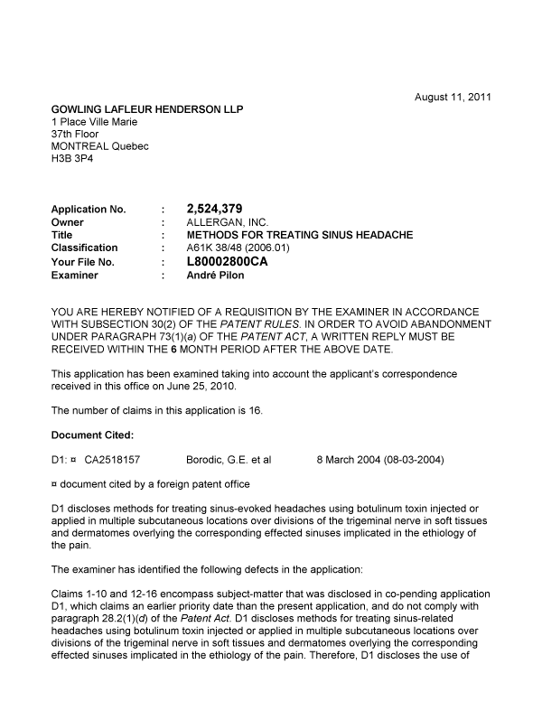Canadian Patent Document 2524379. Prosecution-Amendment 20110811. Image 1 of 2