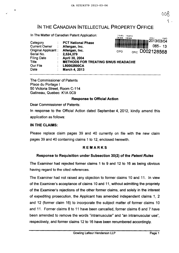 Canadian Patent Document 2524379. Prosecution-Amendment 20130304. Image 1 of 5