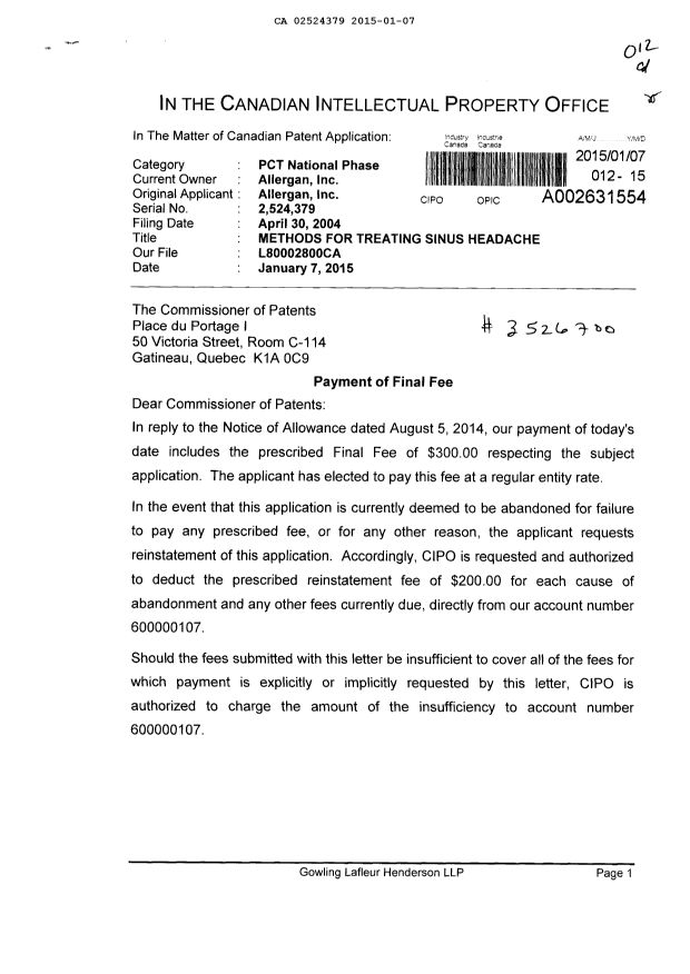 Canadian Patent Document 2524379. Correspondence 20150107. Image 1 of 2