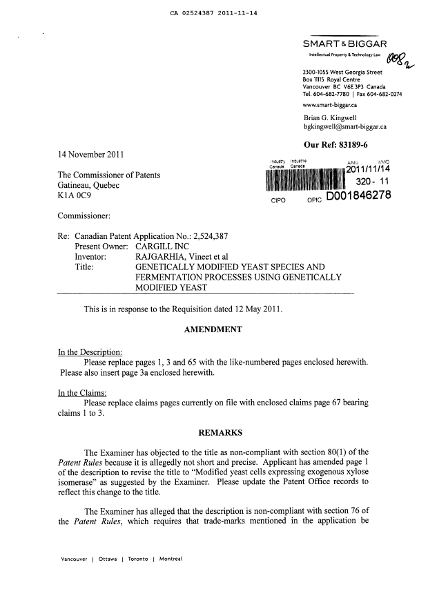 Canadian Patent Document 2524387. Prosecution-Amendment 20111114. Image 1 of 8