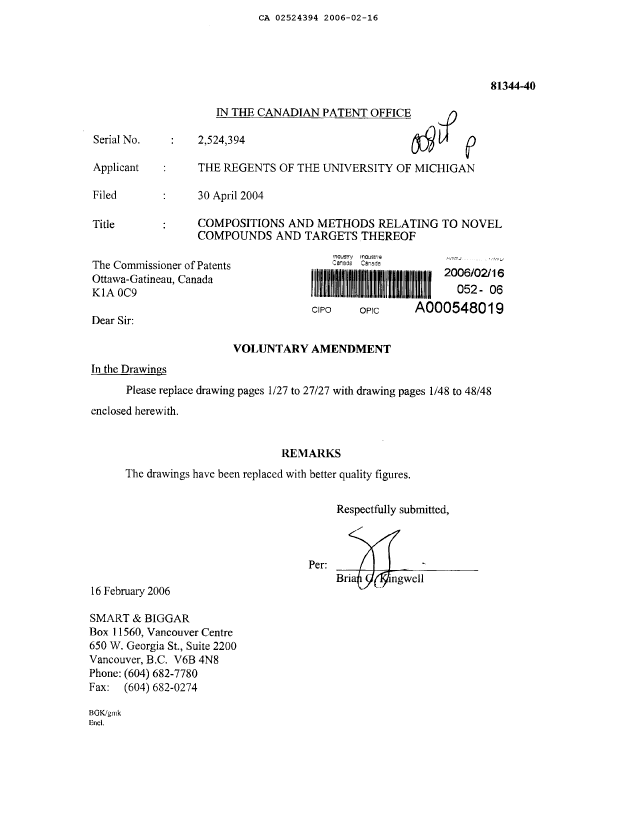 Canadian Patent Document 2524394. Prosecution Correspondence 20060216. Image 1 of 49