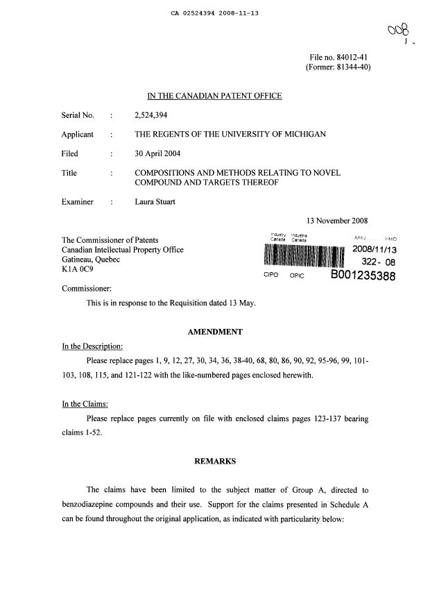 Canadian Patent Document 2524394. Prosecution-Amendment 20081113. Image 1 of 44