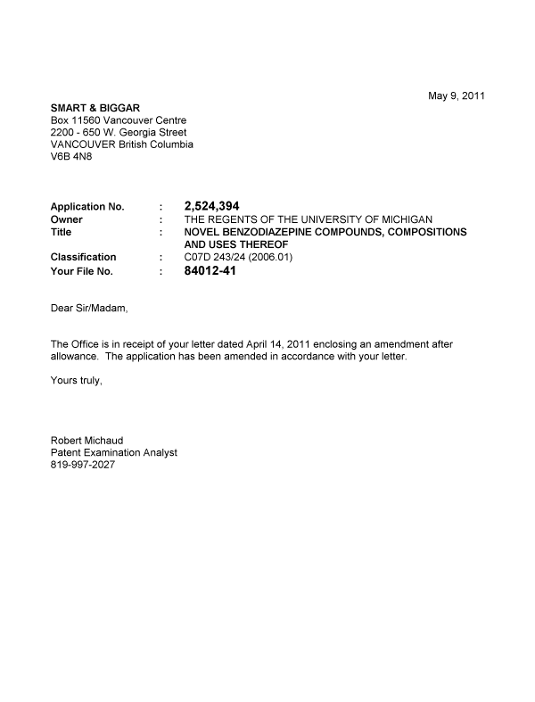 Canadian Patent Document 2524394. Prosecution-Amendment 20110509. Image 1 of 1