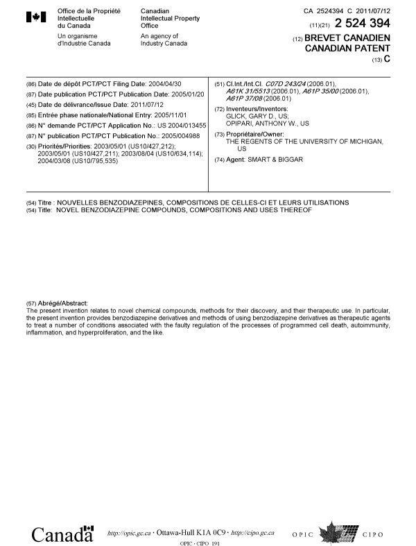 Canadian Patent Document 2524394. Cover Page 20110614. Image 1 of 1