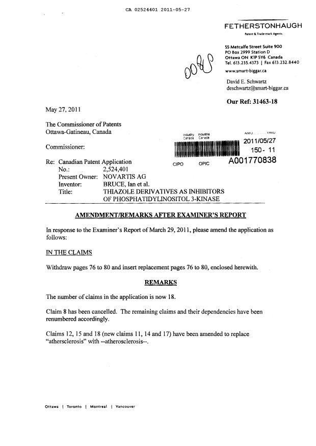 Canadian Patent Document 2524401. Prosecution-Amendment 20110527. Image 1 of 8