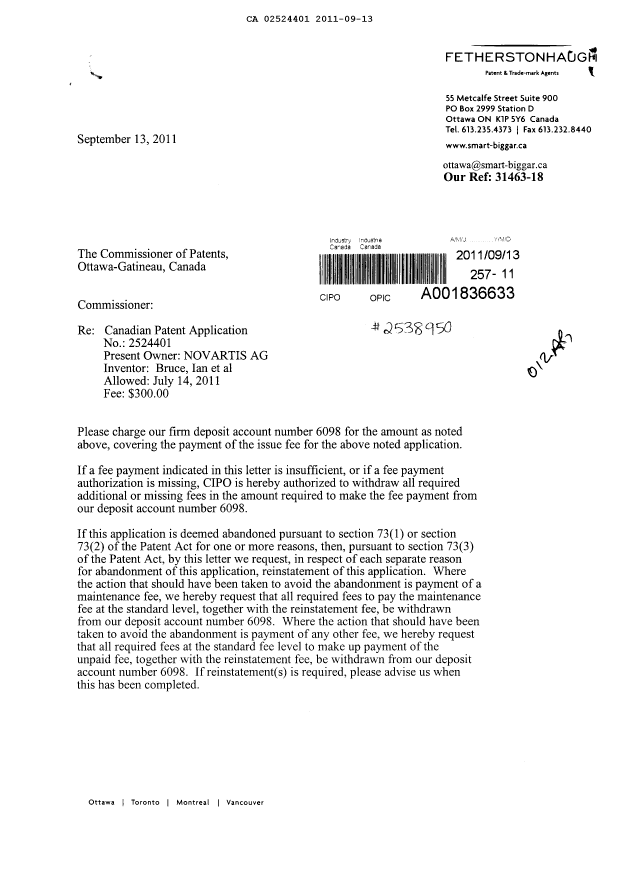 Canadian Patent Document 2524401. Correspondence 20110913. Image 1 of 2