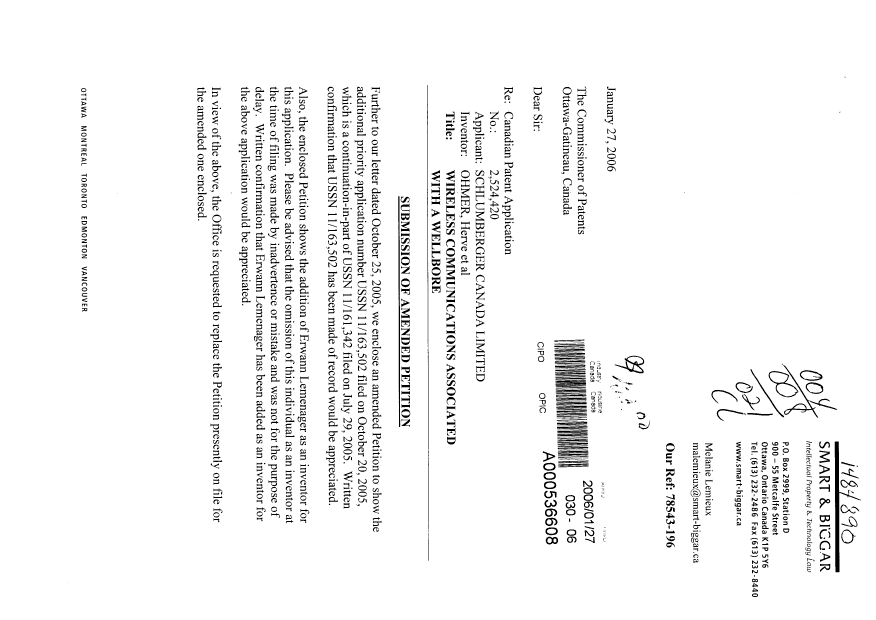 Document de brevet canadien 2524420. Cession 20060127. Image 1 de 11