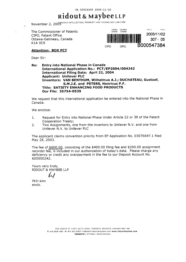 Document de brevet canadien 2524435. Cession 20051102. Image 1 de 7