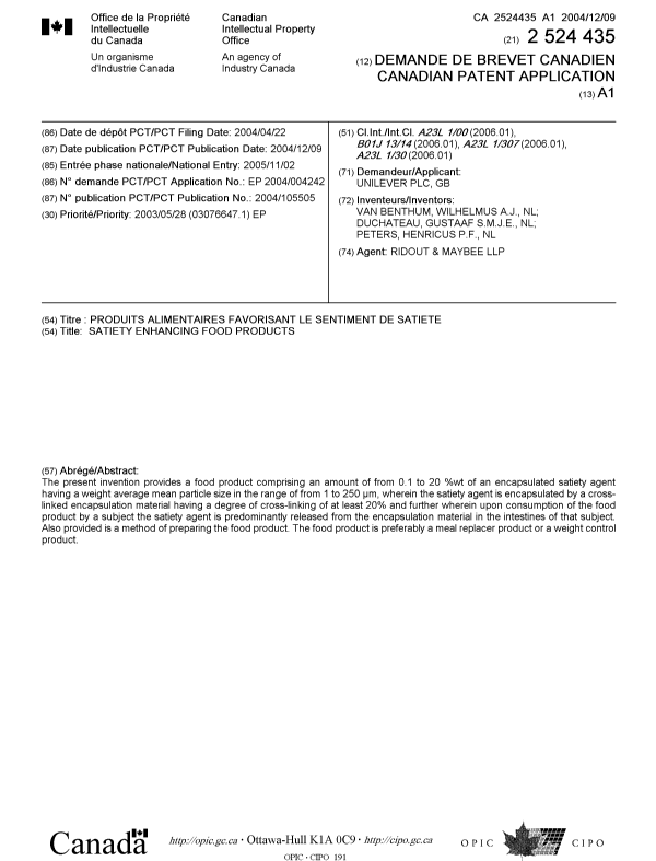Document de brevet canadien 2524435. Page couverture 20060113. Image 1 de 1