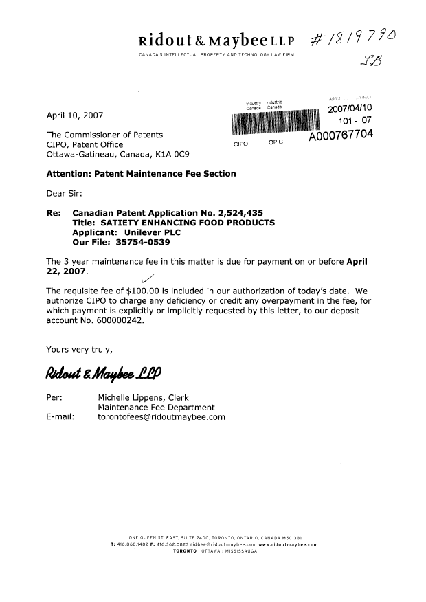Document de brevet canadien 2524435. Taxes 20070410. Image 1 de 1