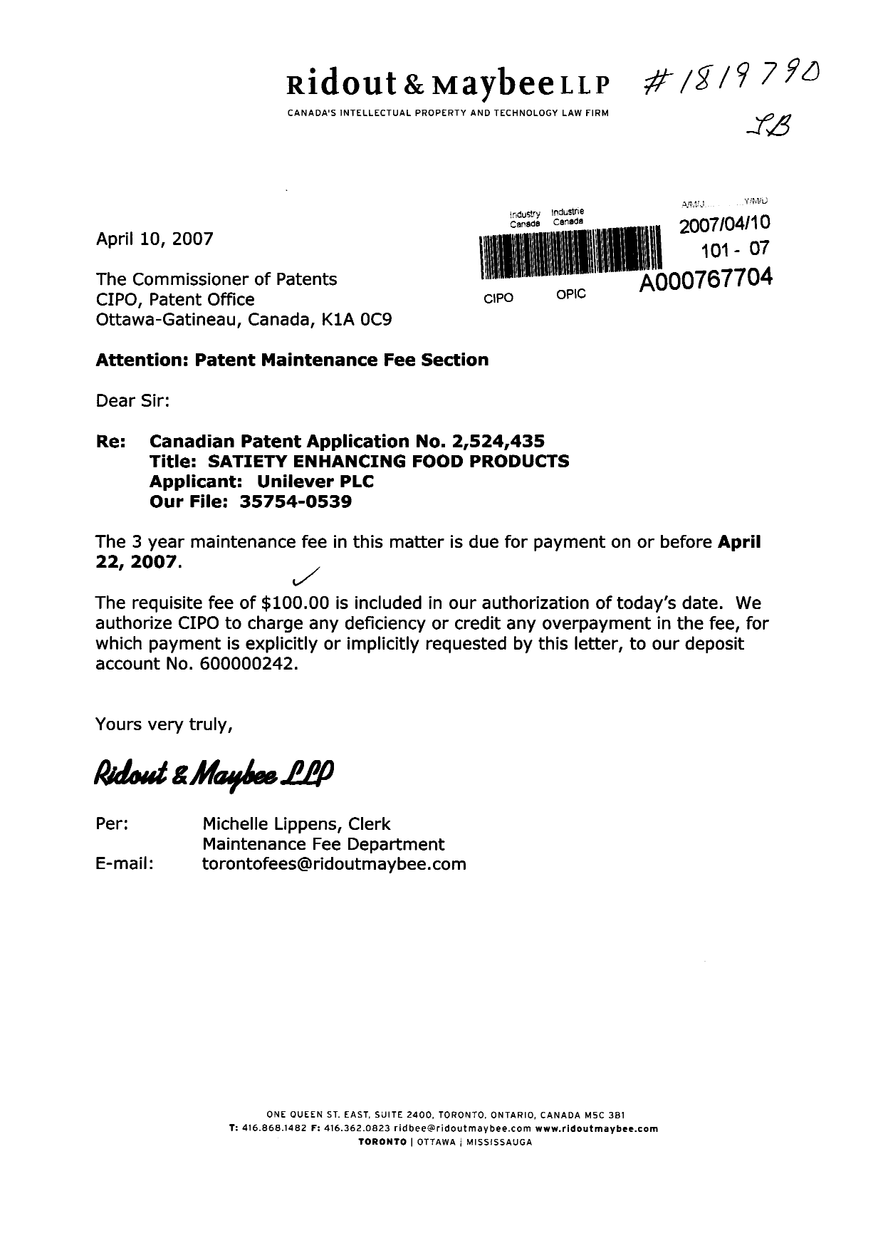 Canadian Patent Document 2524435. Fees 20070410. Image 1 of 1