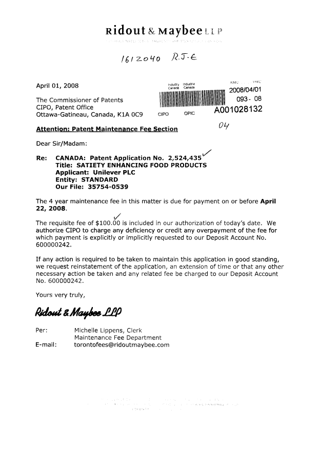 Document de brevet canadien 2524435. Taxes 20080401. Image 1 de 1