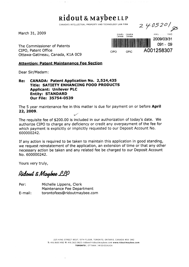 Document de brevet canadien 2524435. Taxes 20090331. Image 1 de 1