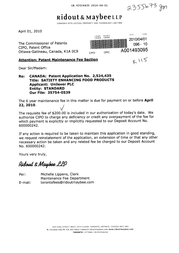 Document de brevet canadien 2524435. Taxes 20100401. Image 1 de 1