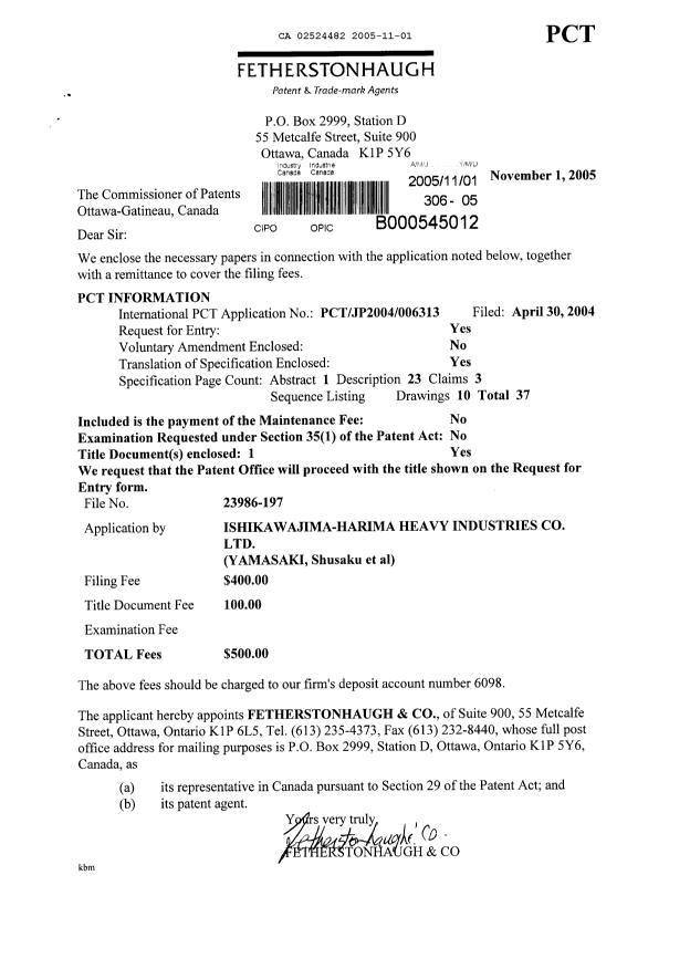 Canadian Patent Document 2524482. Assignment 20051101. Image 1 of 4