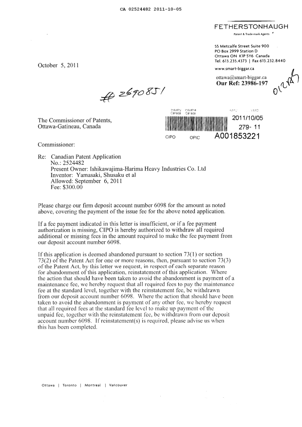Canadian Patent Document 2524482. Correspondence 20111005. Image 1 of 2