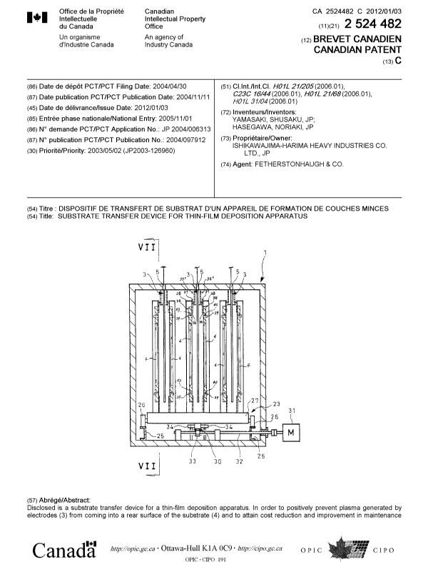 Canadian Patent Document 2524482. Cover Page 20111130. Image 1 of 2